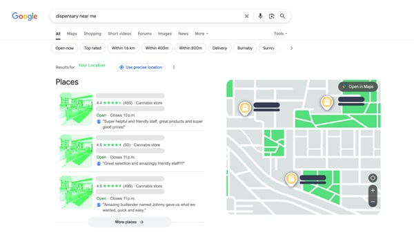 Google search results for “dispensary near me,” highlighting strategies for local cannabis dispensaries SEO.