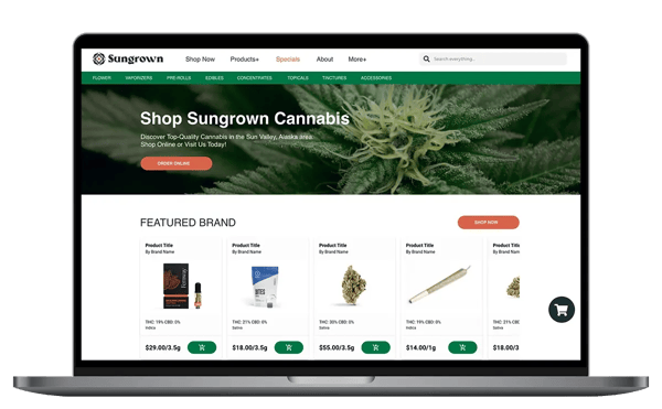 Desktop view of a dispensary ecommerce homepage featuring product categories—showing effective cannabis dispensary SEO design.