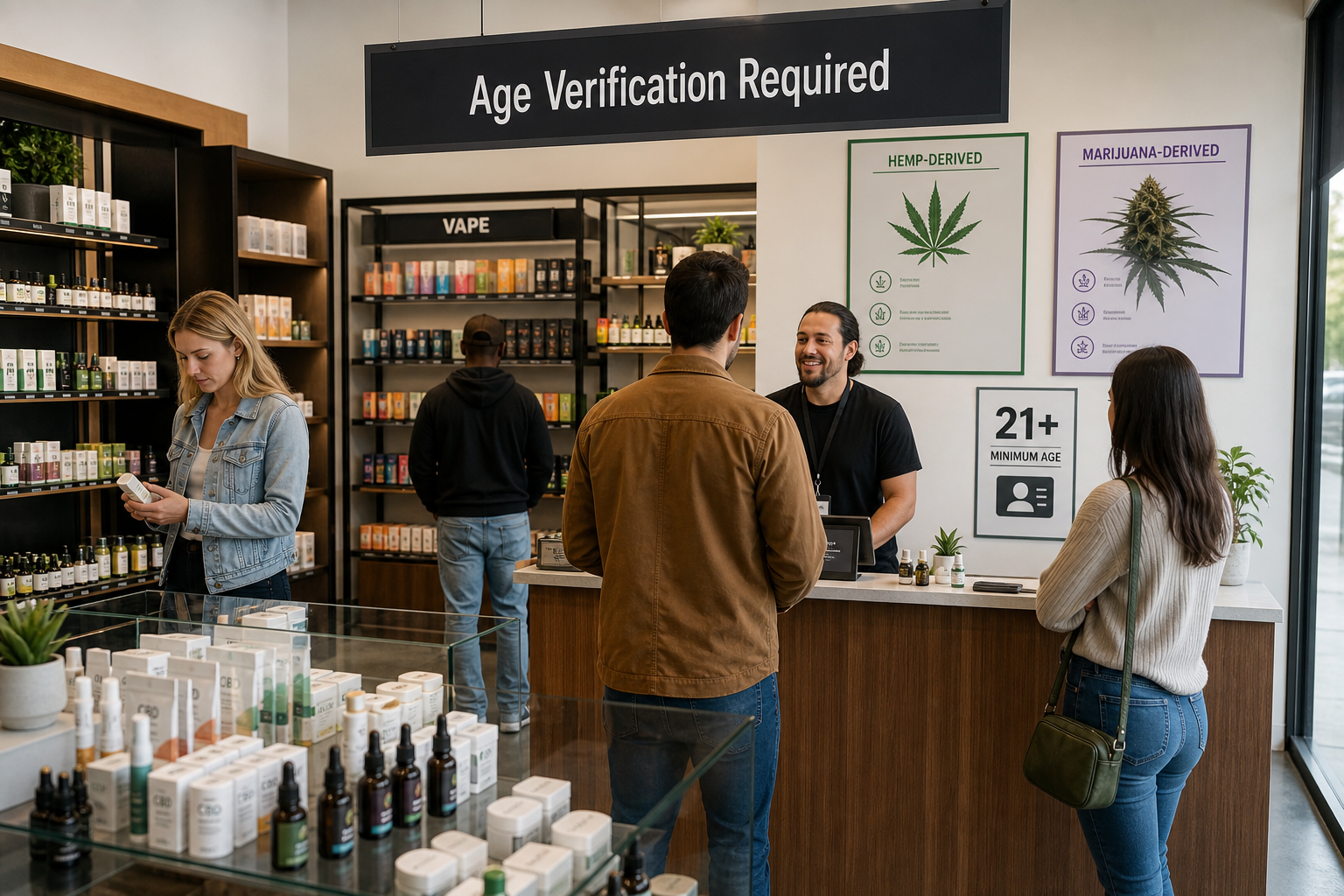 Cannabis Retail Store with CBD Products and Age Verification Sign