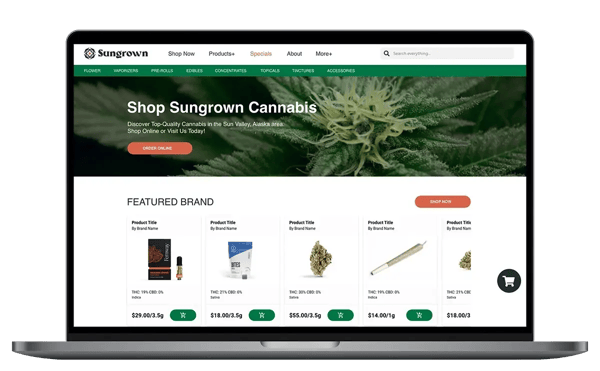 Desktop view of a dispensary ecommerce homepage featuring product categories—showing effective cannabis dispensary SEO design.