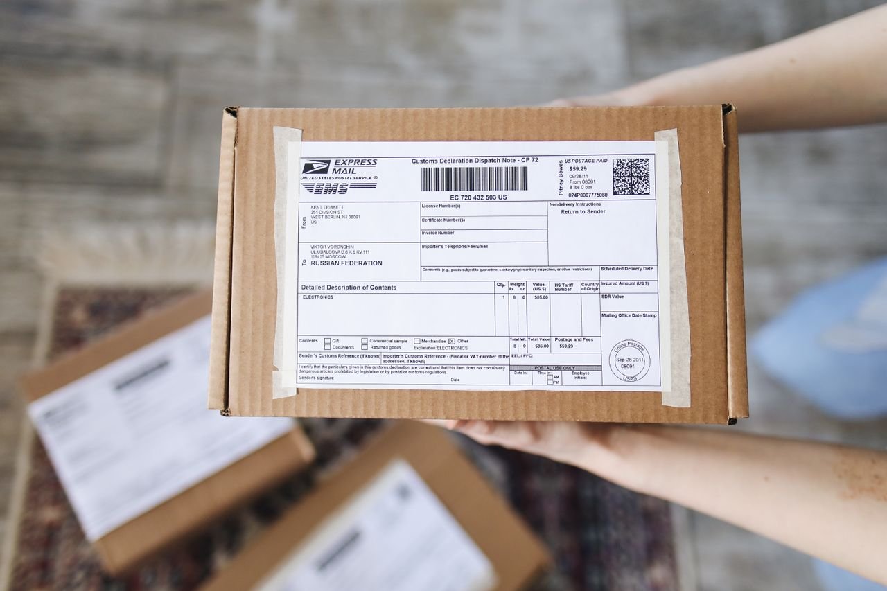 A box with a shipping label