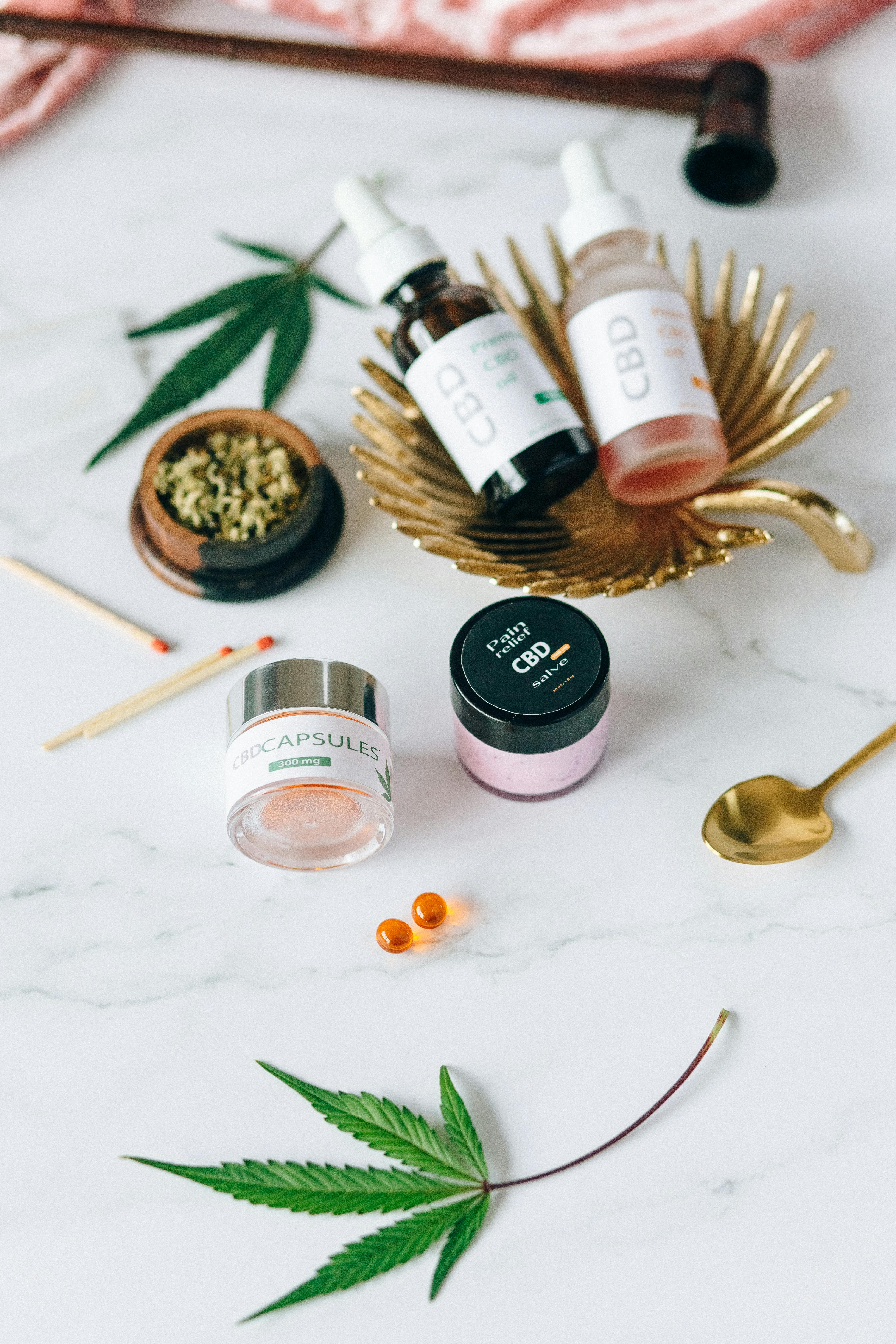 CBD products assortment with hemp leaf