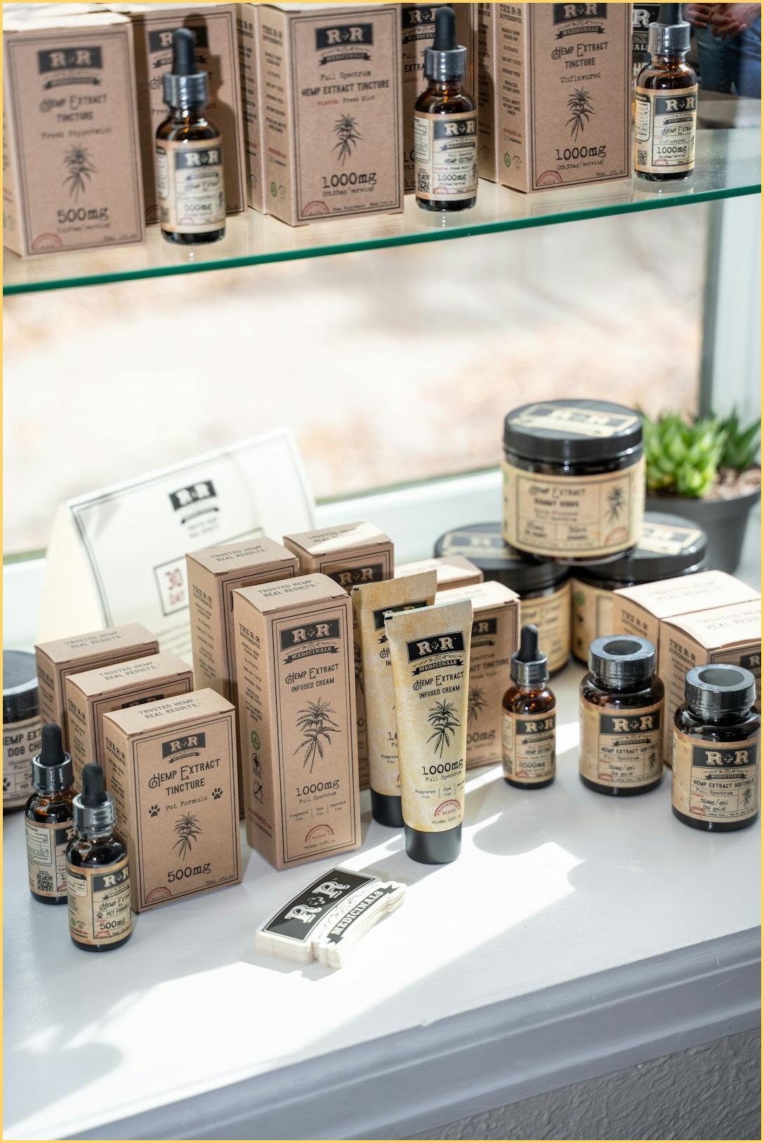 Hemp extract tincture and cream products display