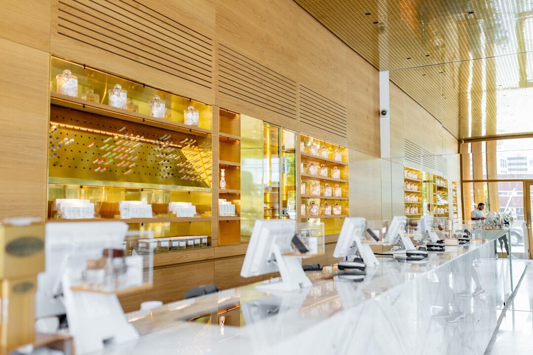 Modern tea shop interior with wooden shelves